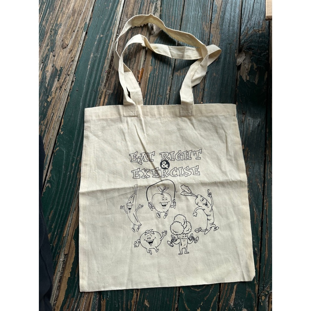 Vitronic Eat Right & Exercise Canvas Tote Bag Cream Graphic Shopper